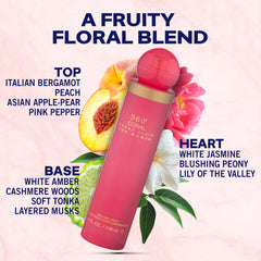 Perry Ellis 360° Coral mist spritz in the air hinting at a fruity-floral opening.