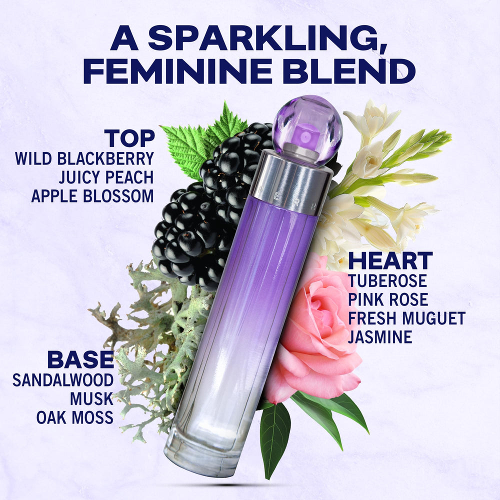 Perry Ellis 360 Purple bottle front view highlights premium feminine styling