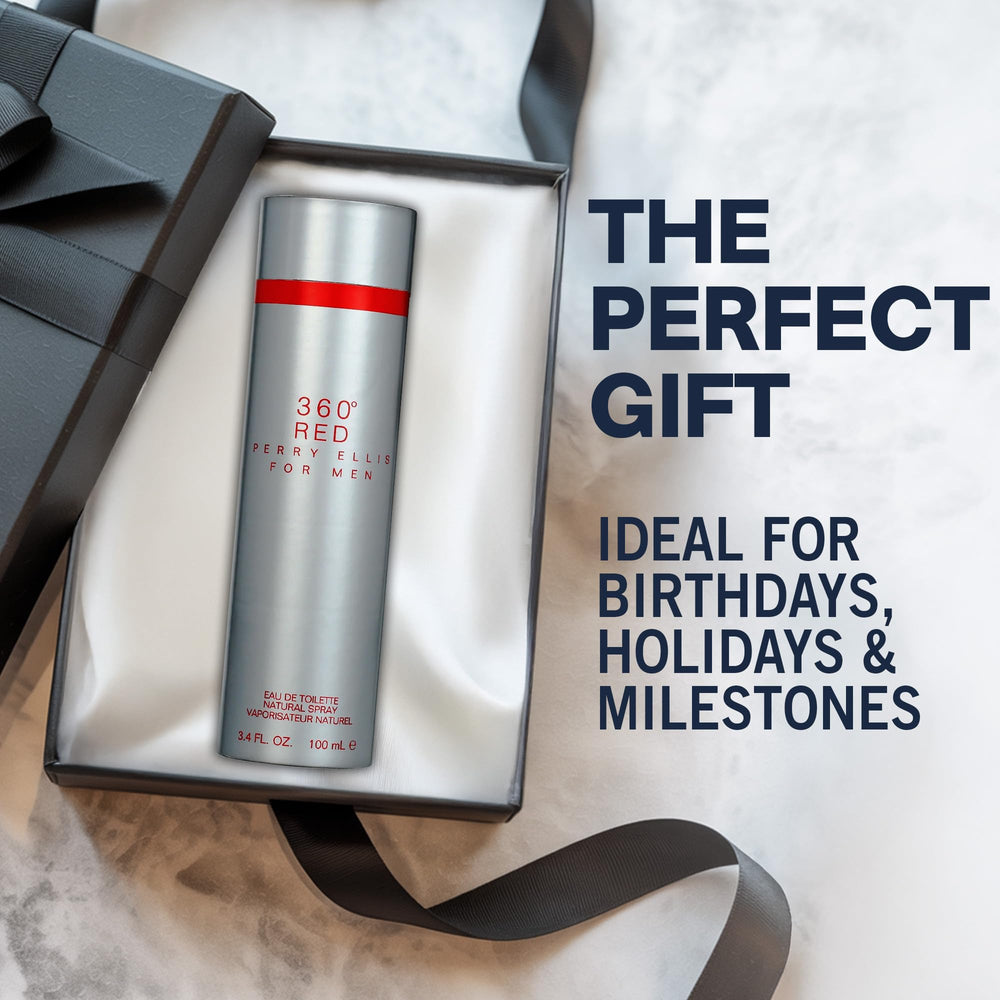 Perry Ellis 360° Red spray nozzle close-up emphasizes easy application
