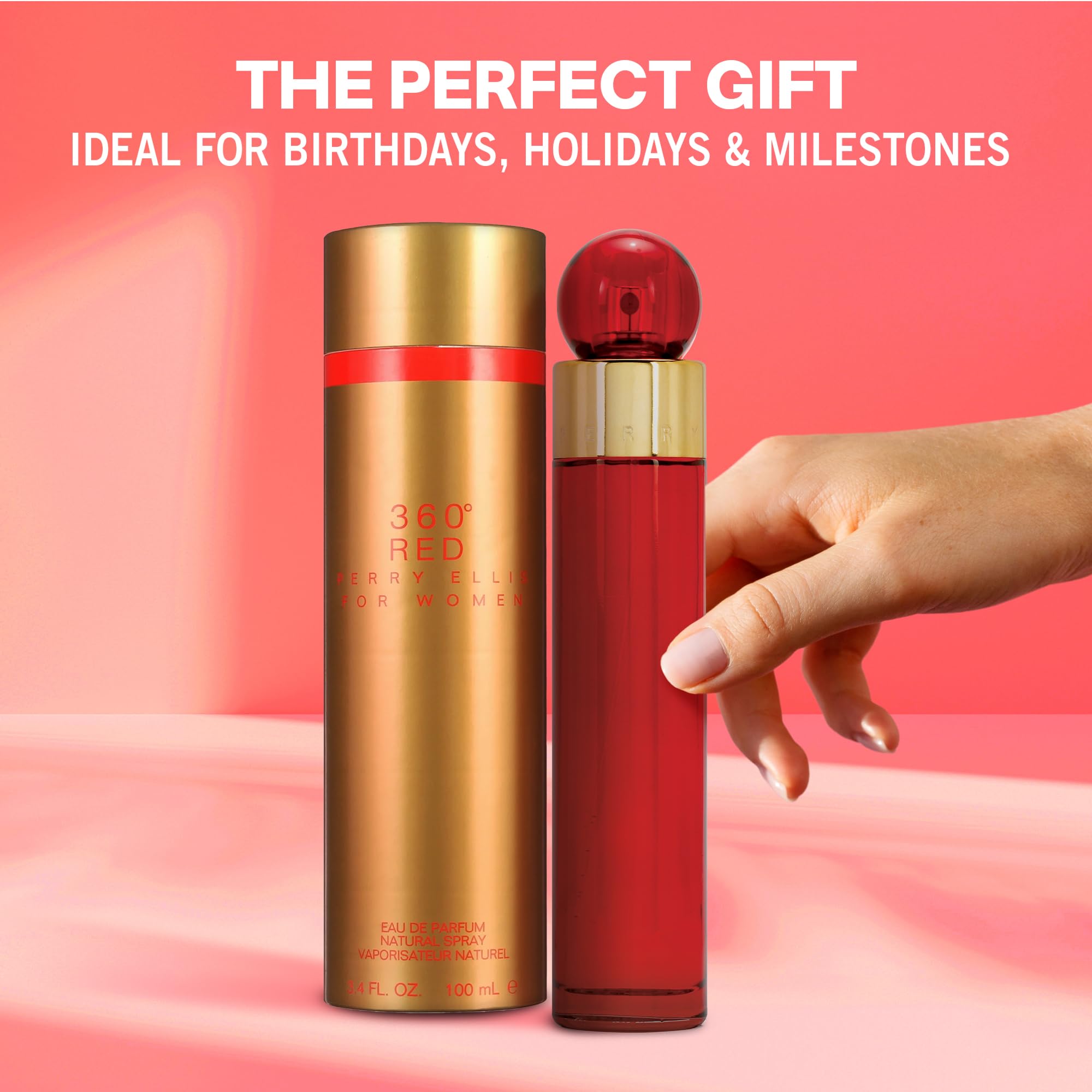 Perry Ellis 360 Red woman applying perfume for day-to-night transition.