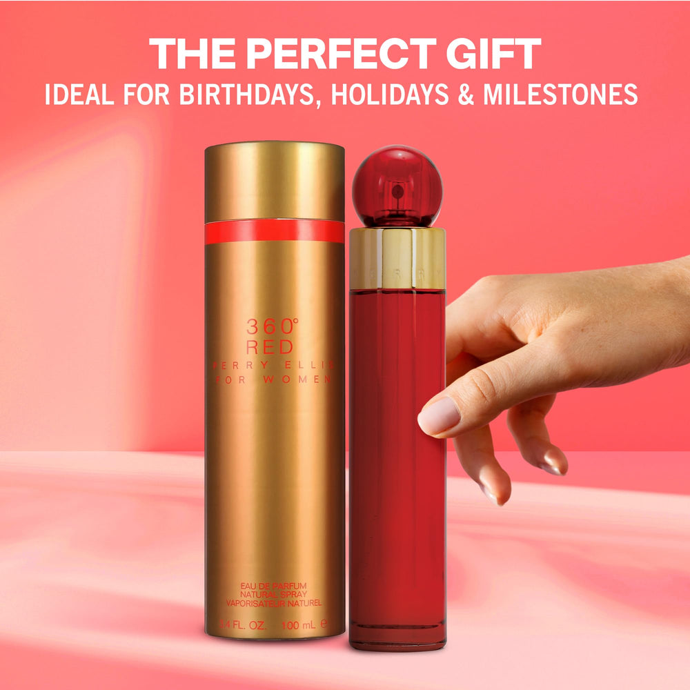Perry Ellis 360 Red woman applying perfume for day-to-night transition.