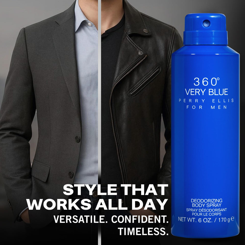 Perry Ellis 360° Very Blue dry-down with amber and sandalwood for lasting depth.