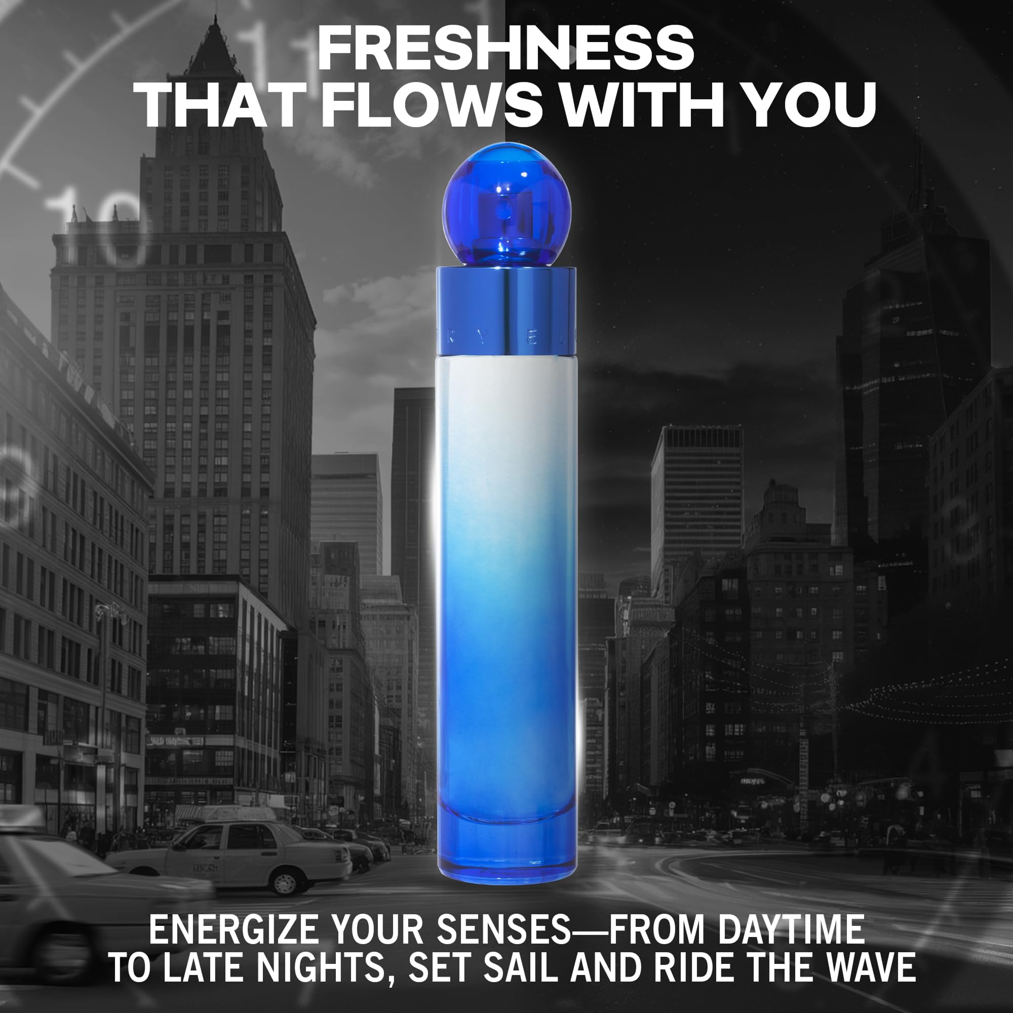 Perry Ellis 360° Very Blue spray-action suggesting long-lasting freshness for day-to-night wear