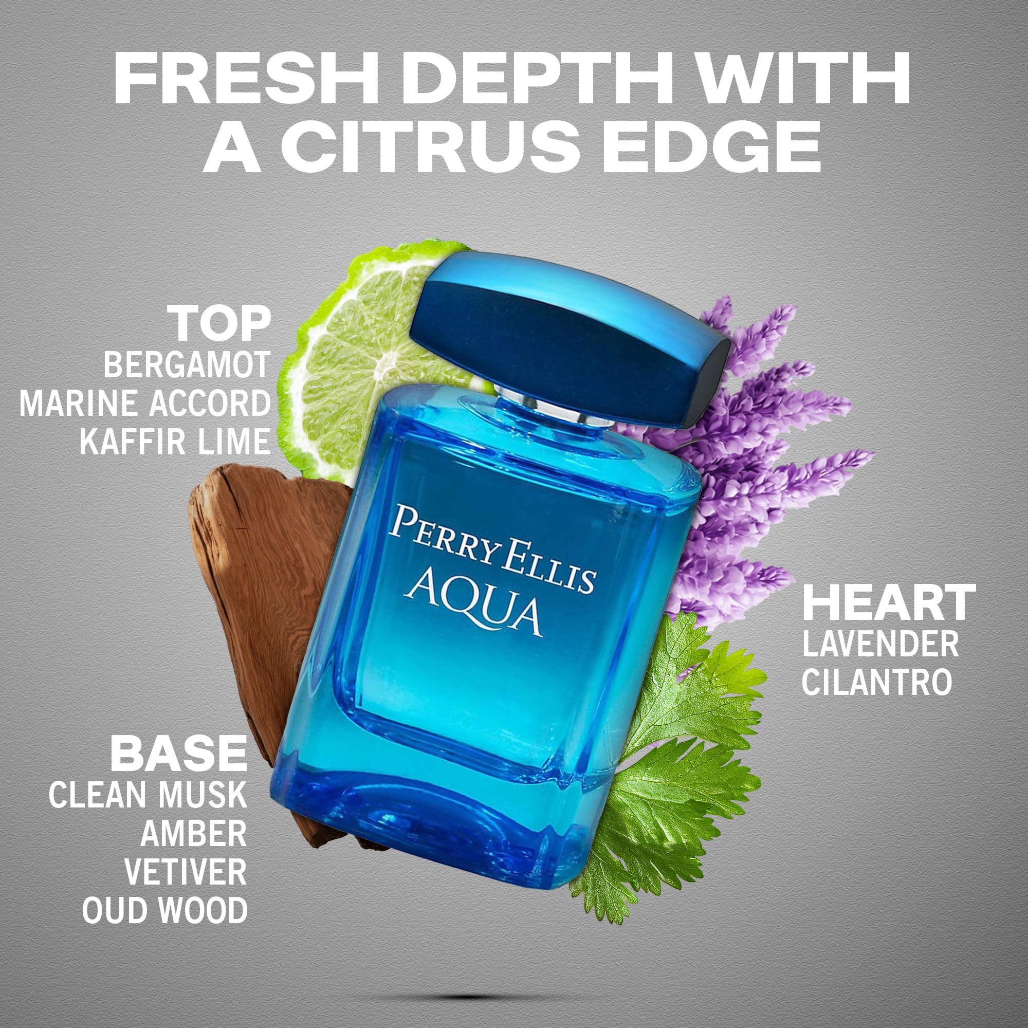 Perry Ellis Aqua bottle angled shows sleek, versatile design.