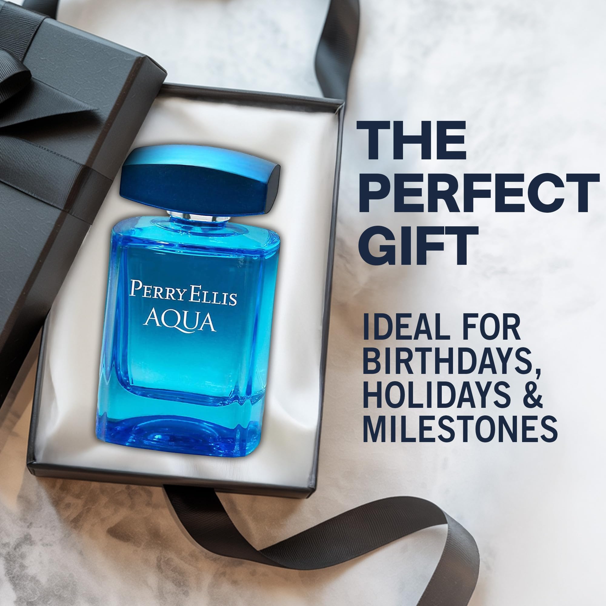 Perry Ellis Aqua bottle closeup highlights masculine, modern vibe.