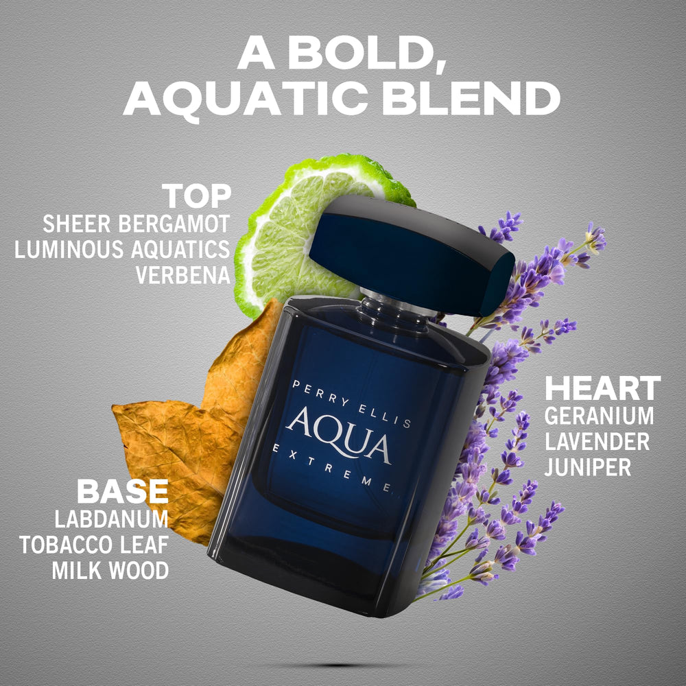 Perry Ellis Aqua Extreme bottle side highlights travel-friendly freshness