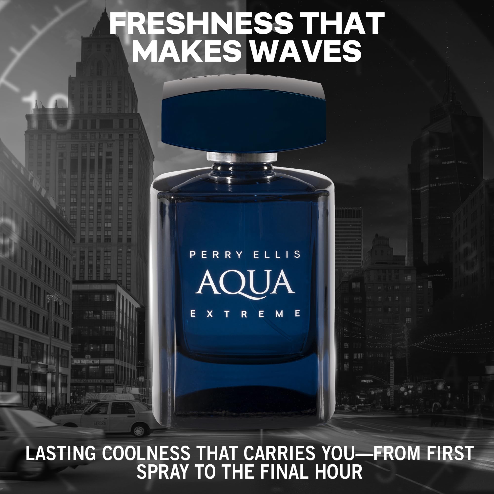 Perry Ellis Aqua Extreme cap-and-bottle close-up emphasizes premium design and ease