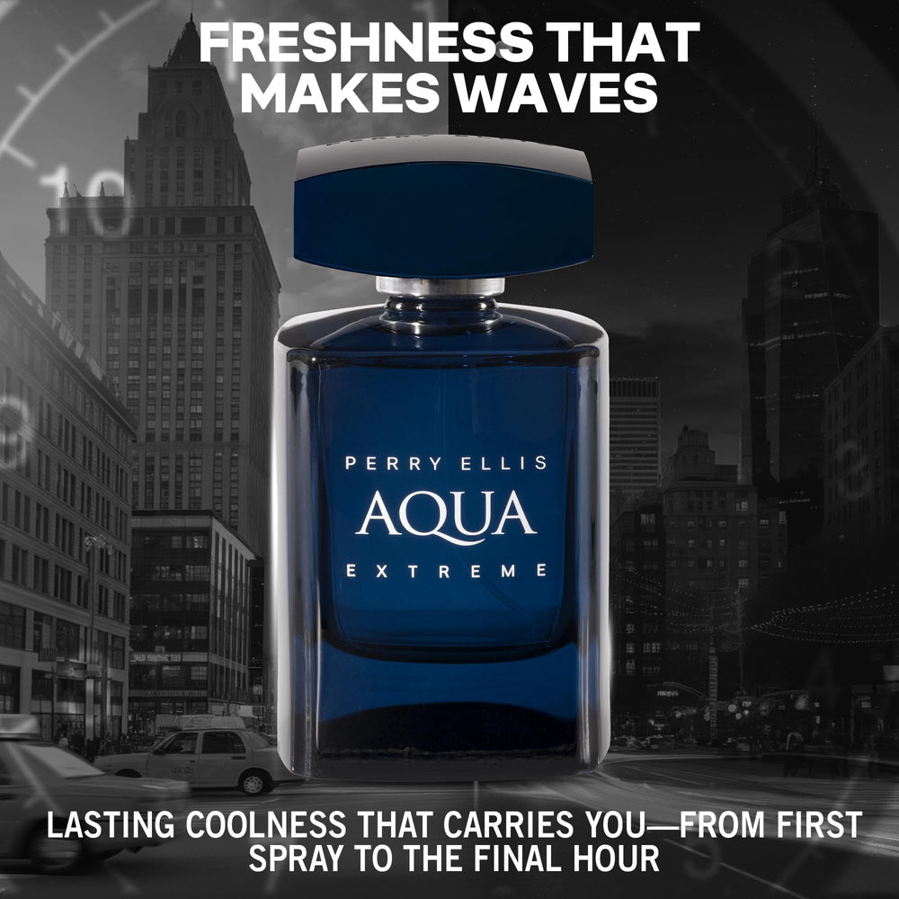 Perry Ellis Aqua Extreme cap-and-bottle close-up emphasizes premium design and ease