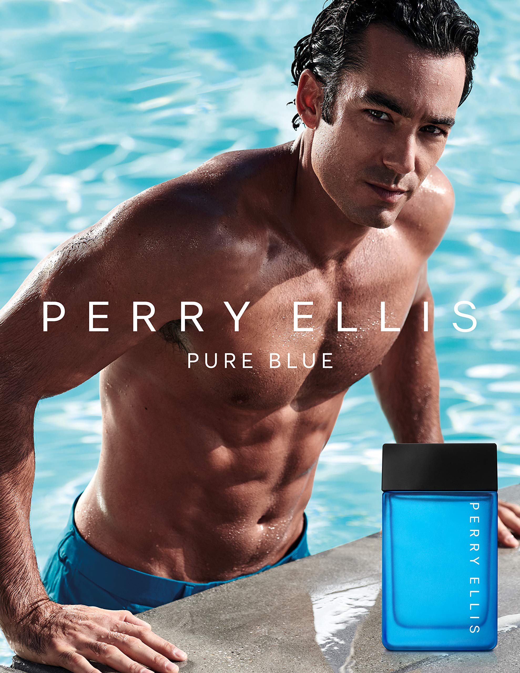 Perry Ellis Pure Blue bottle on dresser for confident daytime wear