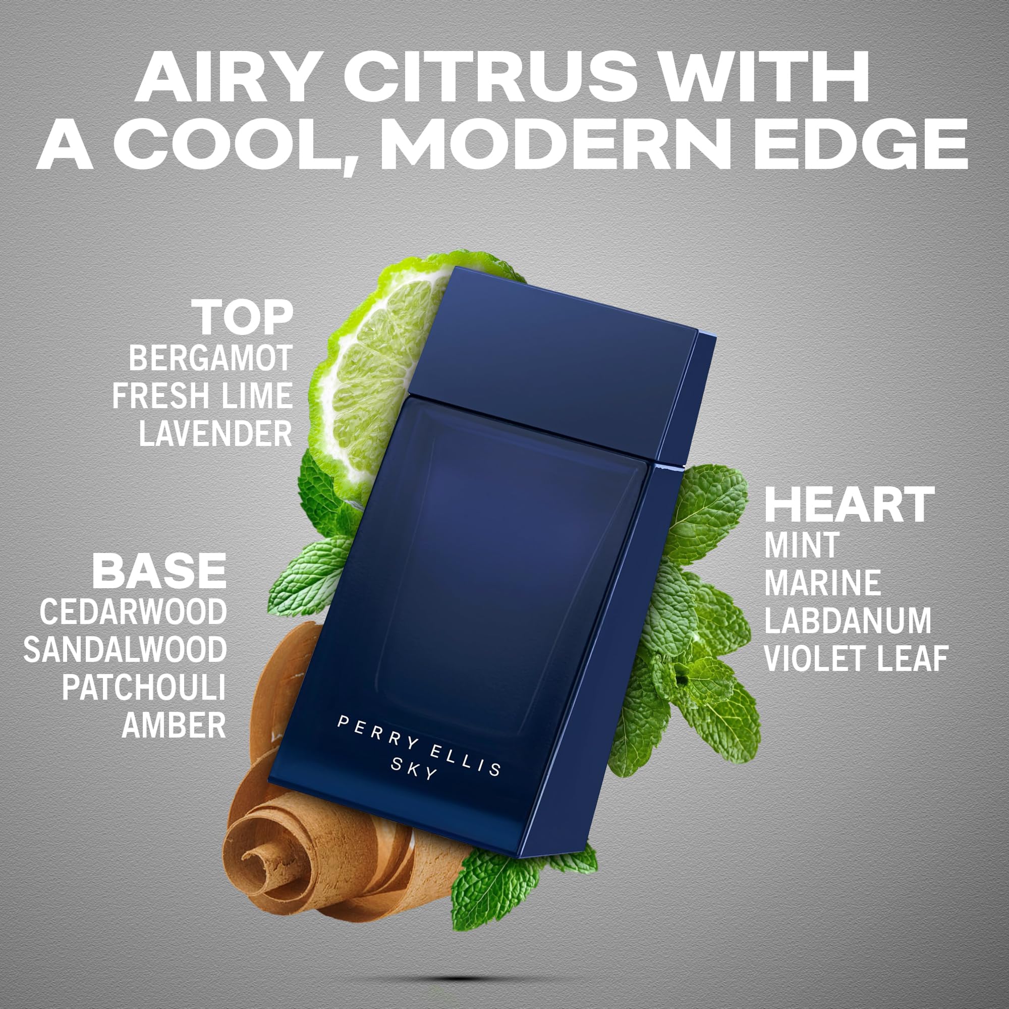 Perry Ellis Sky EDT bottle angled showcasing sleek lines for casual wear