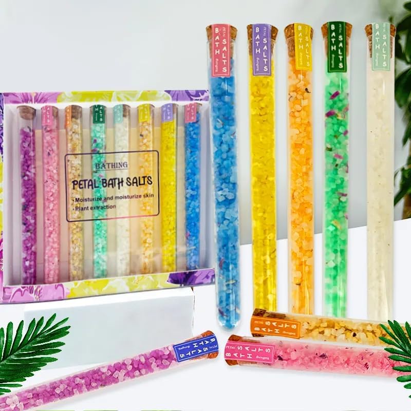 Persidra Relax Bath Salts eight-pack packaging with travel-friendly sachets for travel-ready baths.