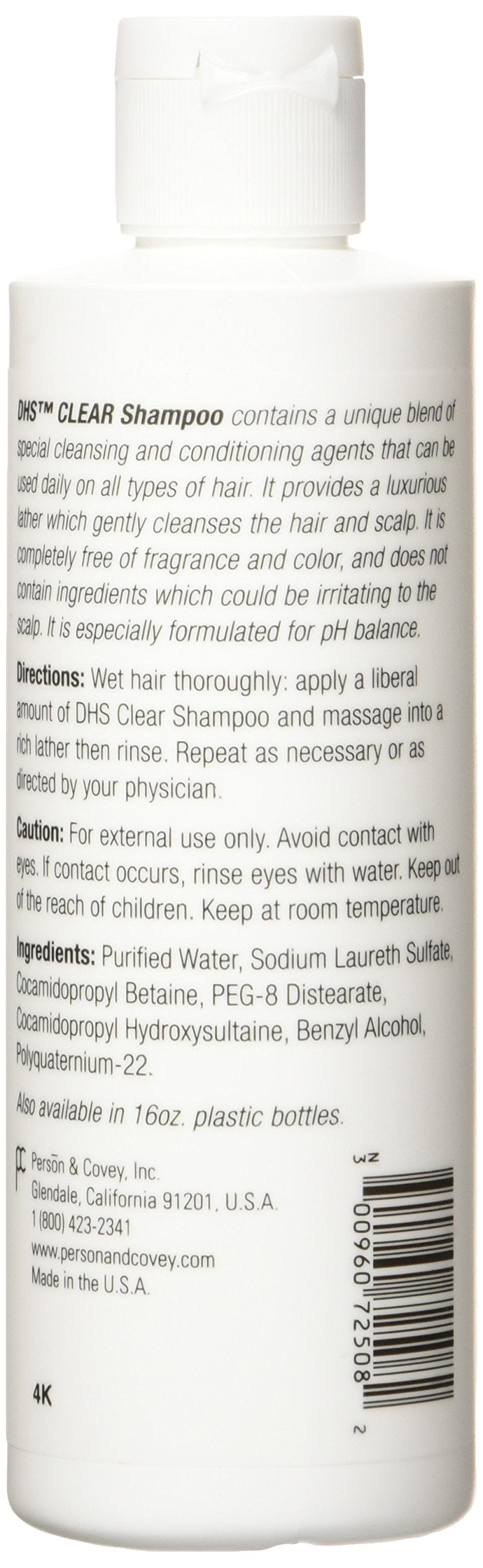 Person and Covey DHS Clear Shampoo bottle closeup label highlights easy daily use.