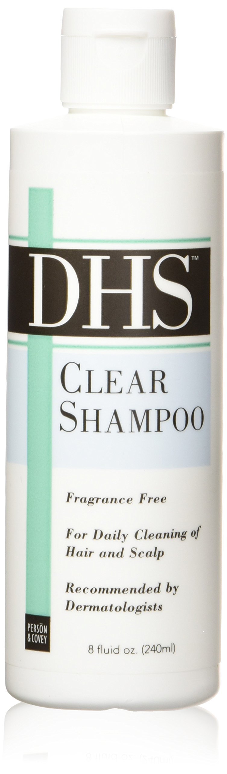 Person and Covey DHS Clear Shampoo bottle front for daily cleansing.