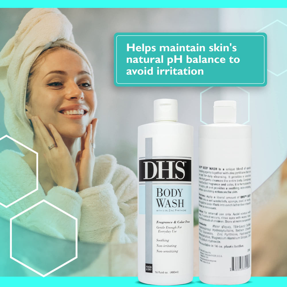 Person & Covey DHS Body Wash zinc pyrithione details, supports skin care routine.