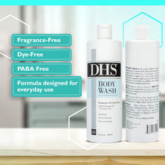 Person & Covey DHS Body Wash label close-up, hypoallergenic and pH-balanced.