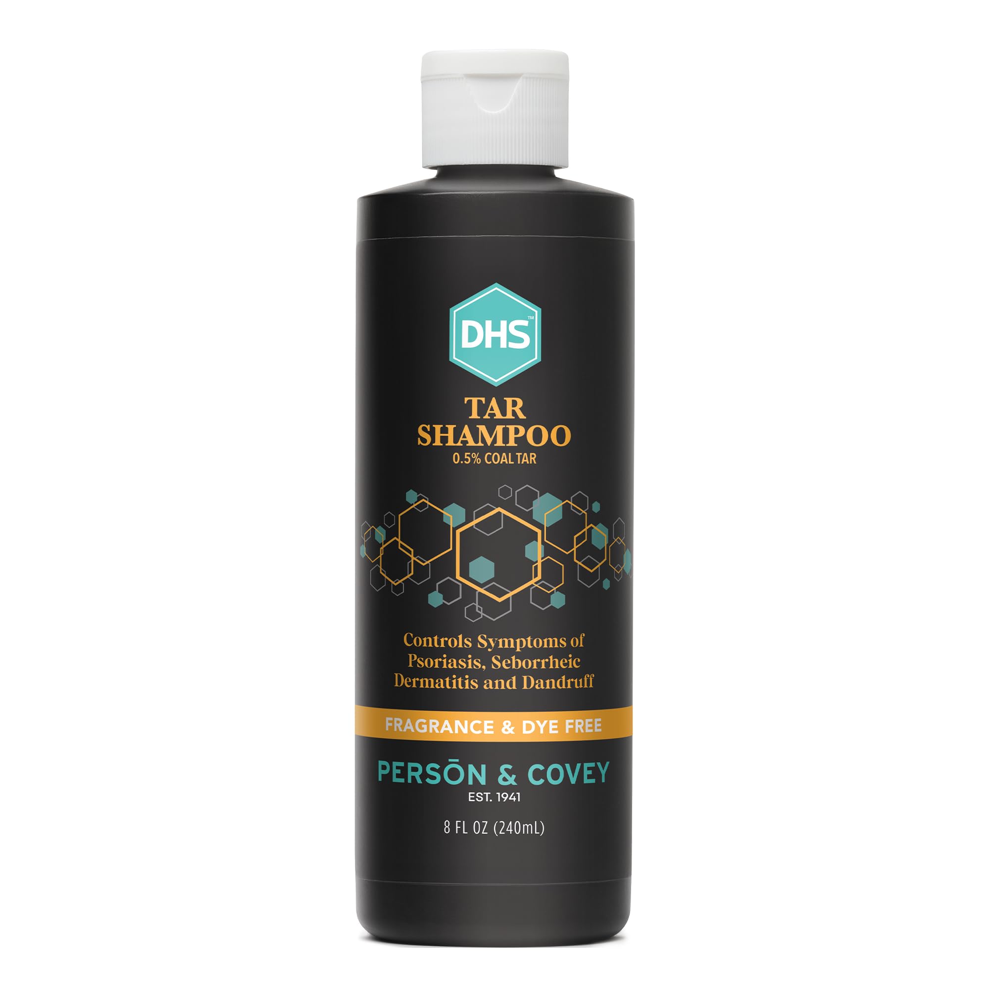 Person & Covey DHS Tar Shampoo bottle front with fragrance-free scalp care.