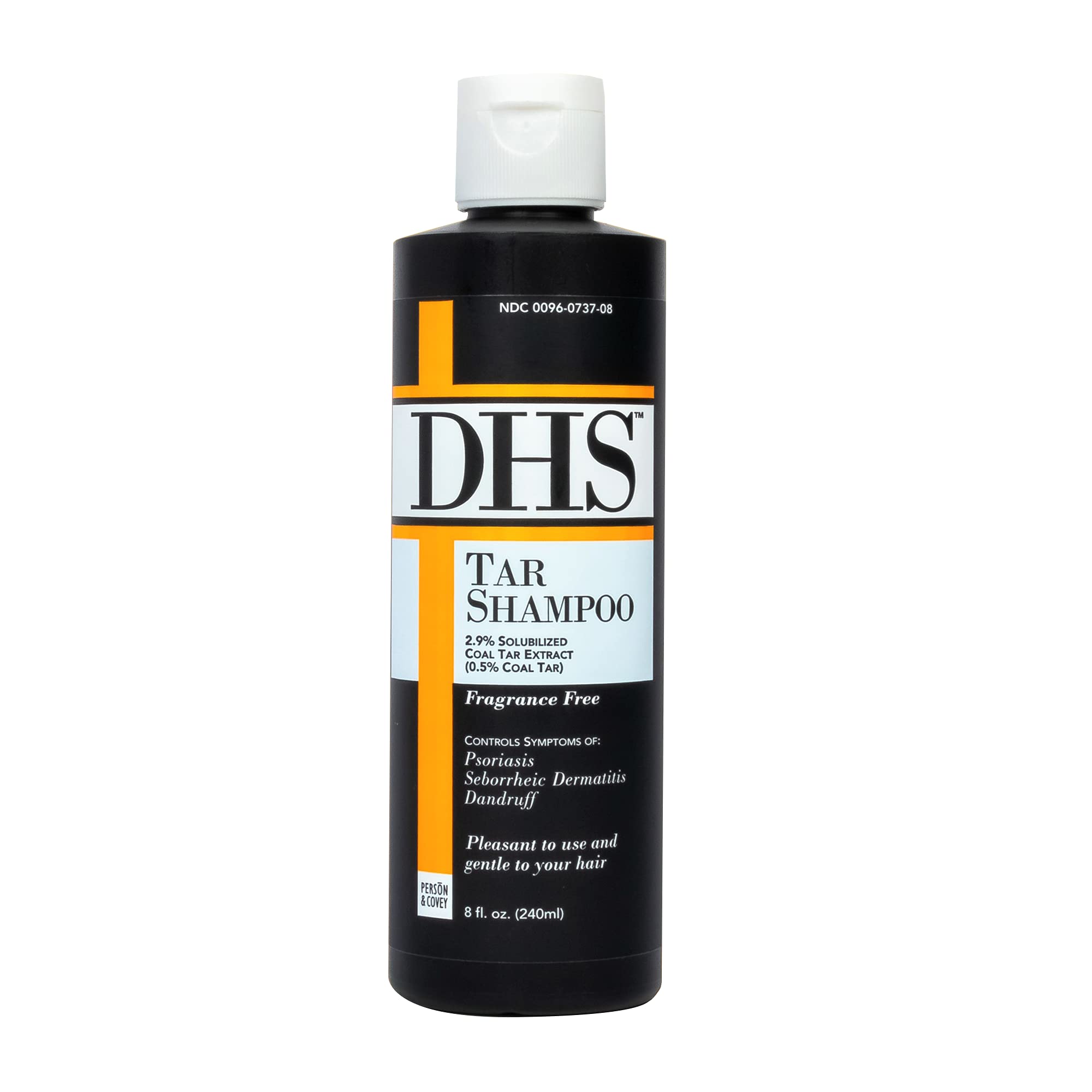 Person & Covey DHS Tar Shampoo bottle showing label for itchy scalp comfort.