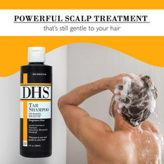 Person & Covey DHS Tar Shampoo closeup label highlights tar-based formula for soothing scalp care.