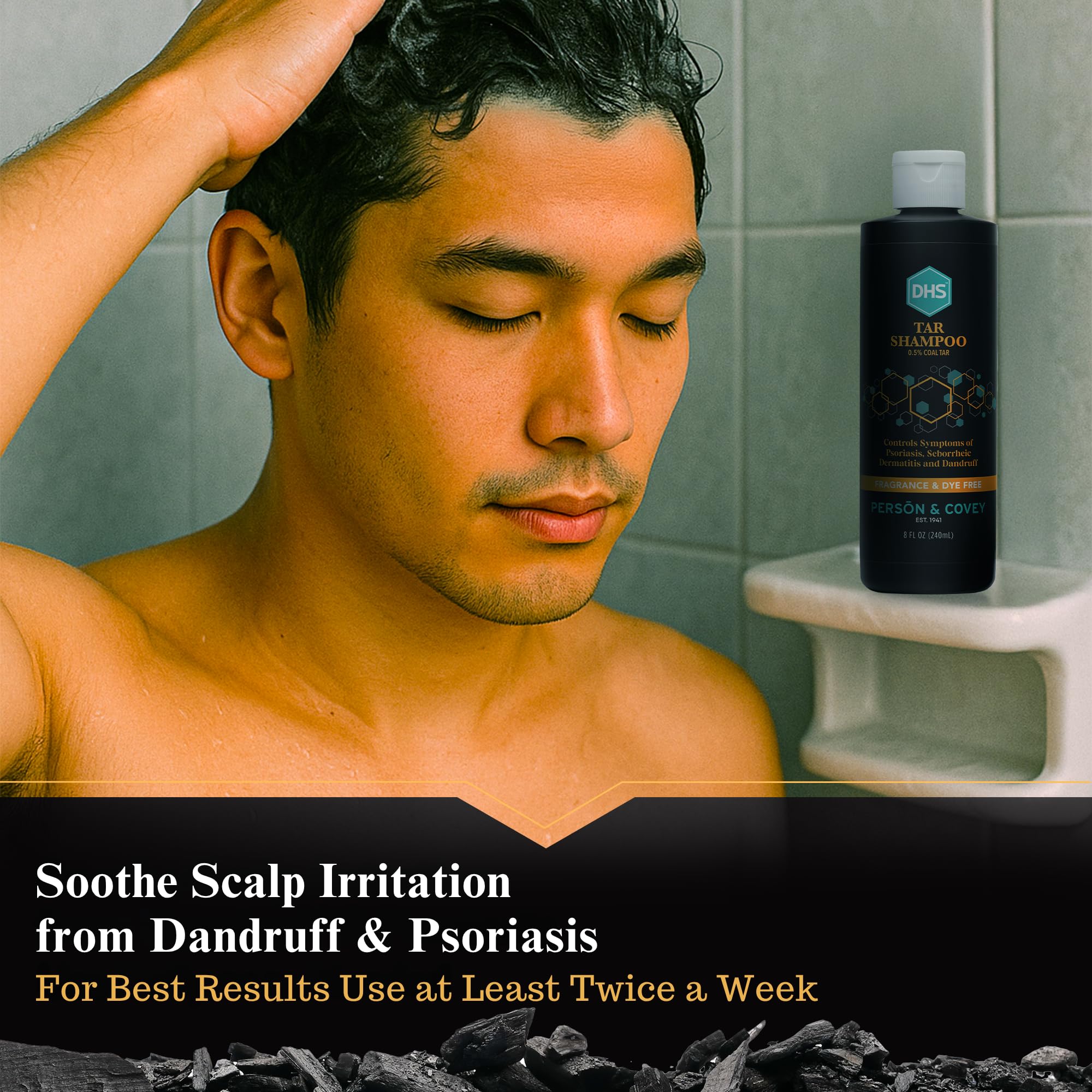 Foamy lather from Person & Covey DHS Tar Shampoo on the scalp during wash.