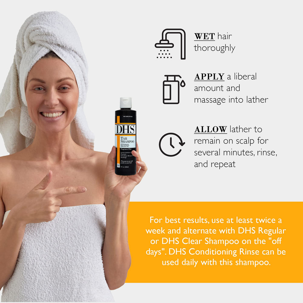Person & Covey DHS Tar Shampoo lathering in hair supports comfortable scalp care.
