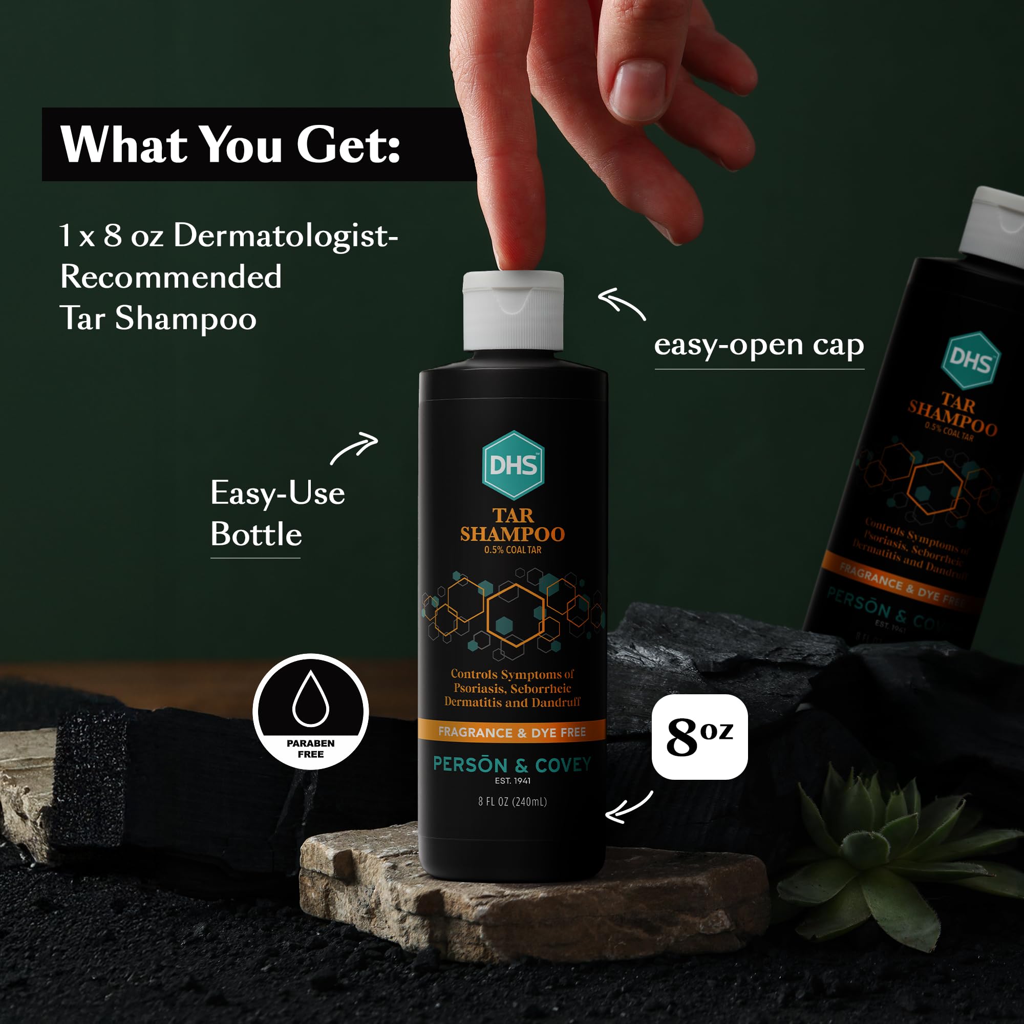 Recyclable bottle of Person & Covey DHS Tar Shampoo in eco-friendly packaging.