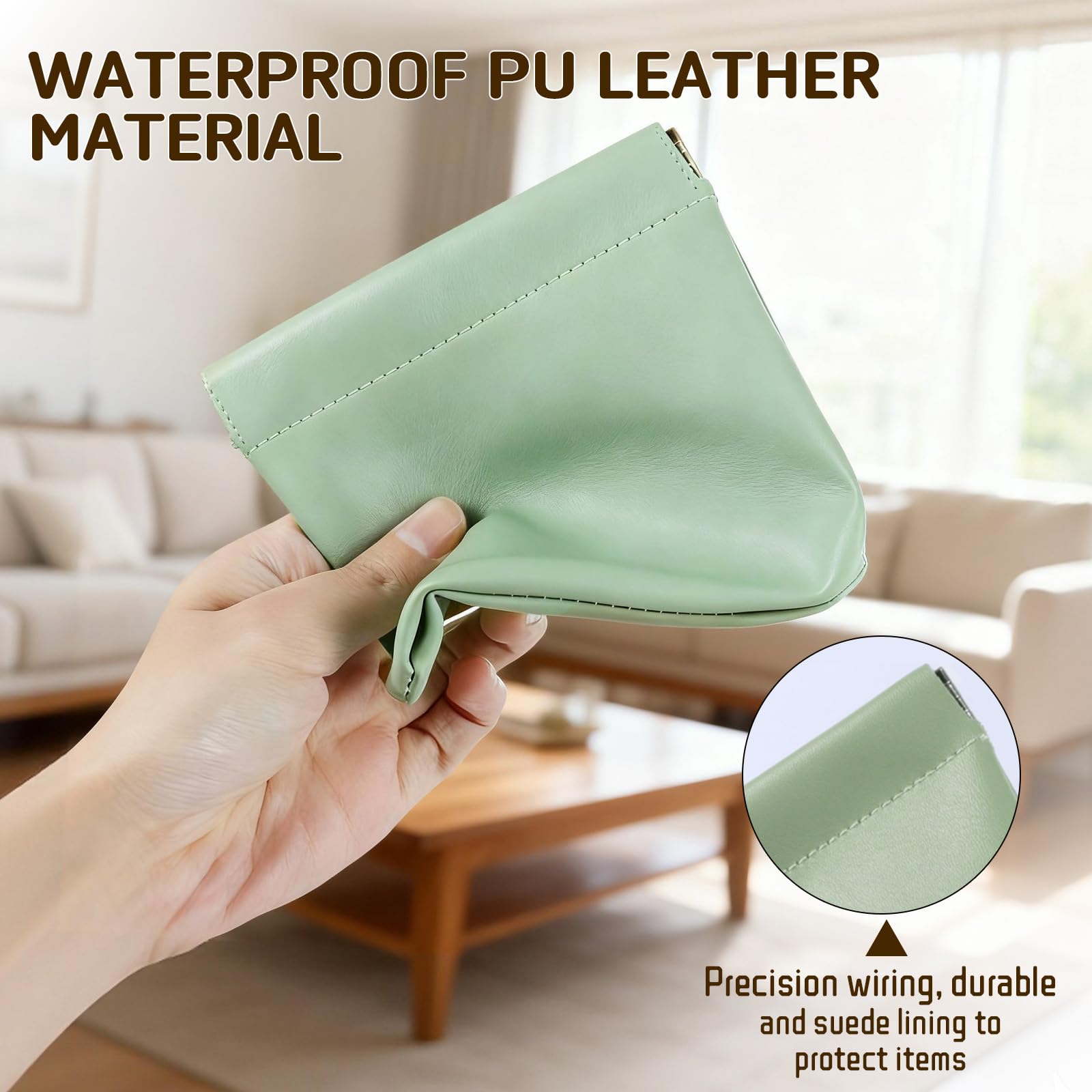 Color-set of four personalized leather pouches in pink, blue, purple, green for sorting items.