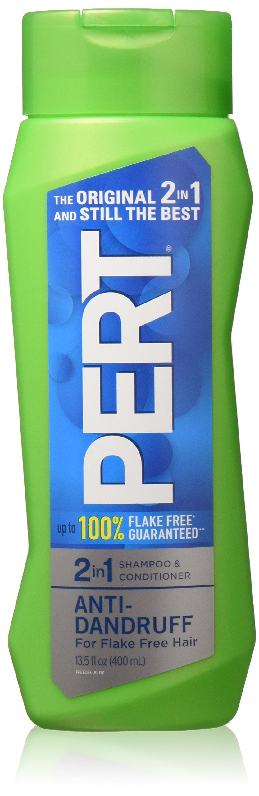 Pert 2 en 1 anti-caspa, botella en primer plano, limpieza suave para cabello limpio.