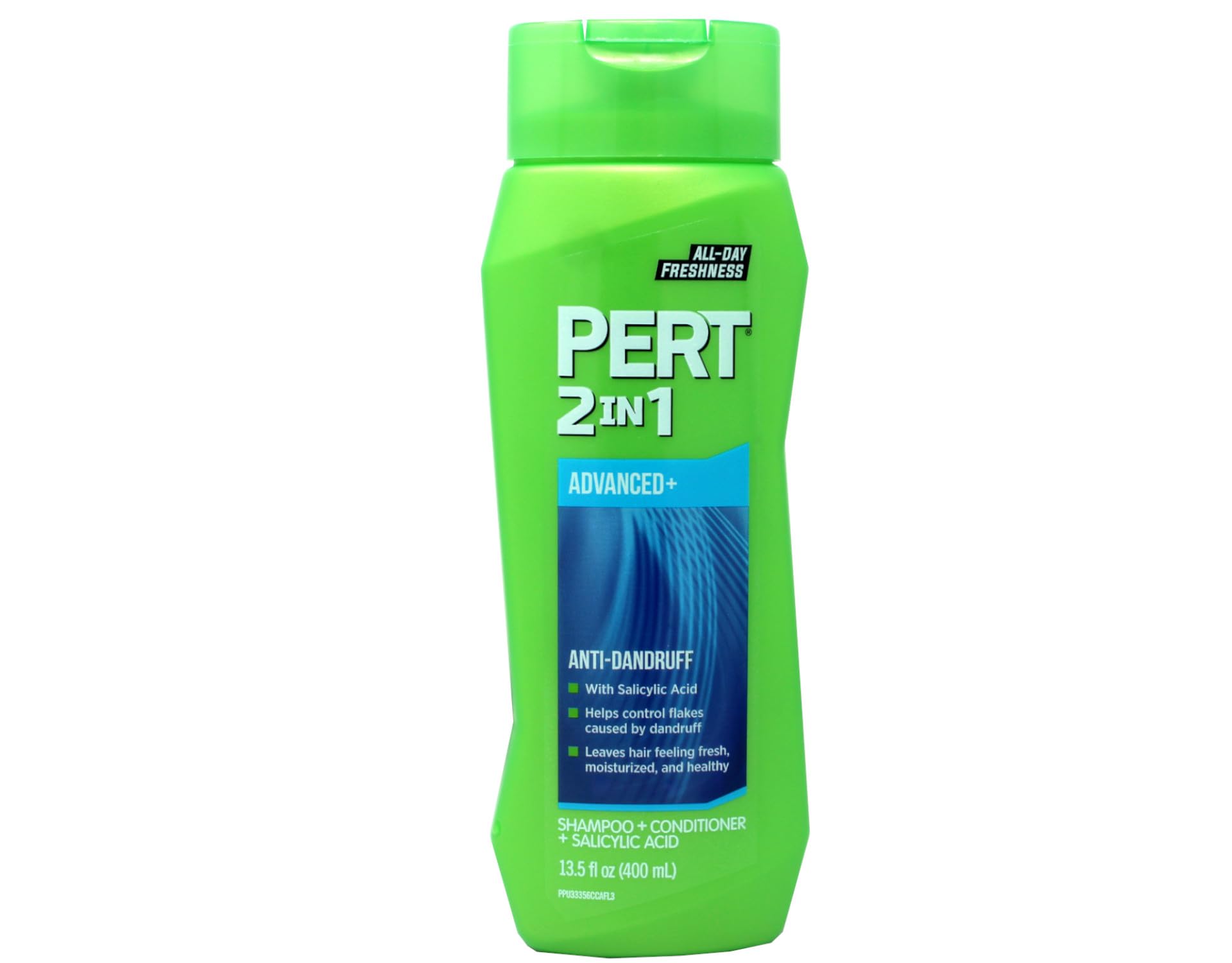 Pert Anti-Dandruff 2in1 bottle front showing clean, refreshed scalp and all-day freshness.