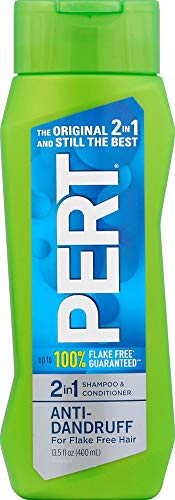 Pert Anti-Dandruff 2in1 package display featuring a 13.5 oz bottle and zinc-infused formula.