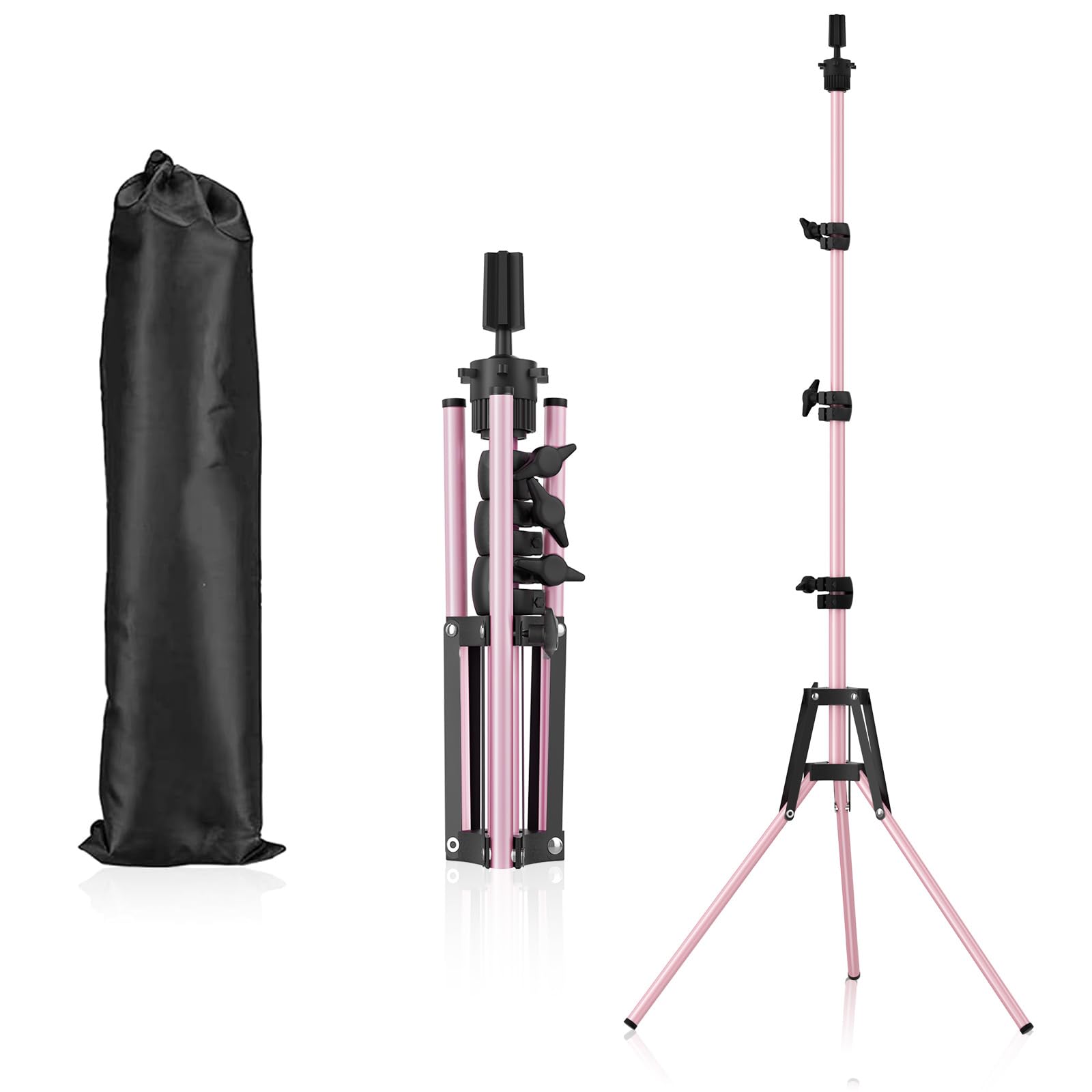 Pet Baby mannequin head stand in pink showing adjustable height for wig styling