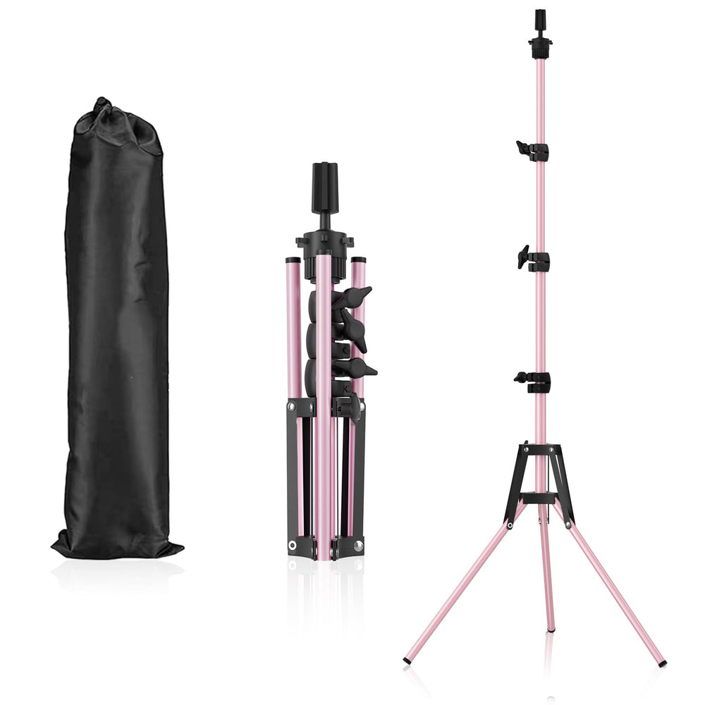 Pet Baby mannequin head stand in pink showing adjustable height for wig styling