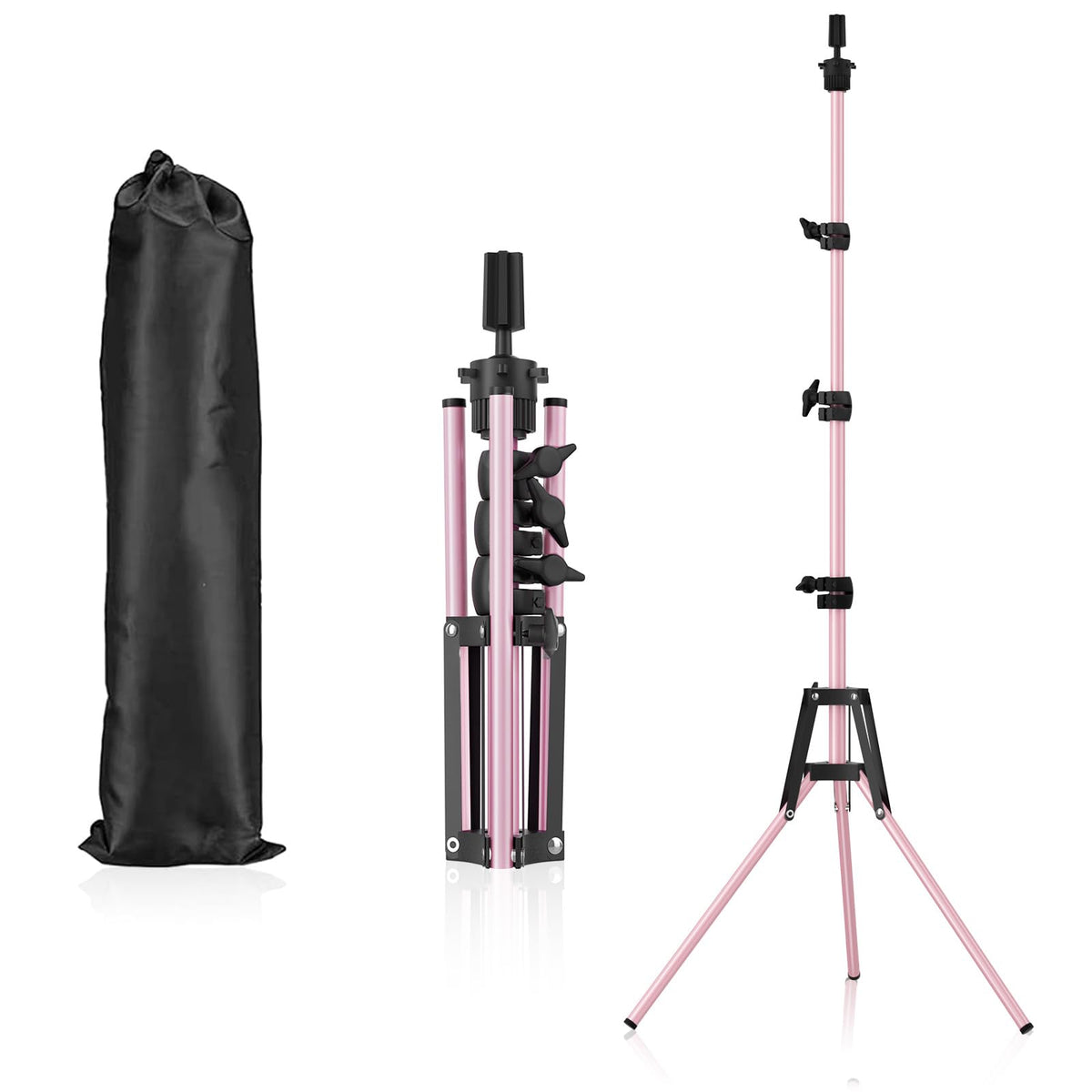 Pet Baby mannequin head stand in pink showing adjustable height for wig styling