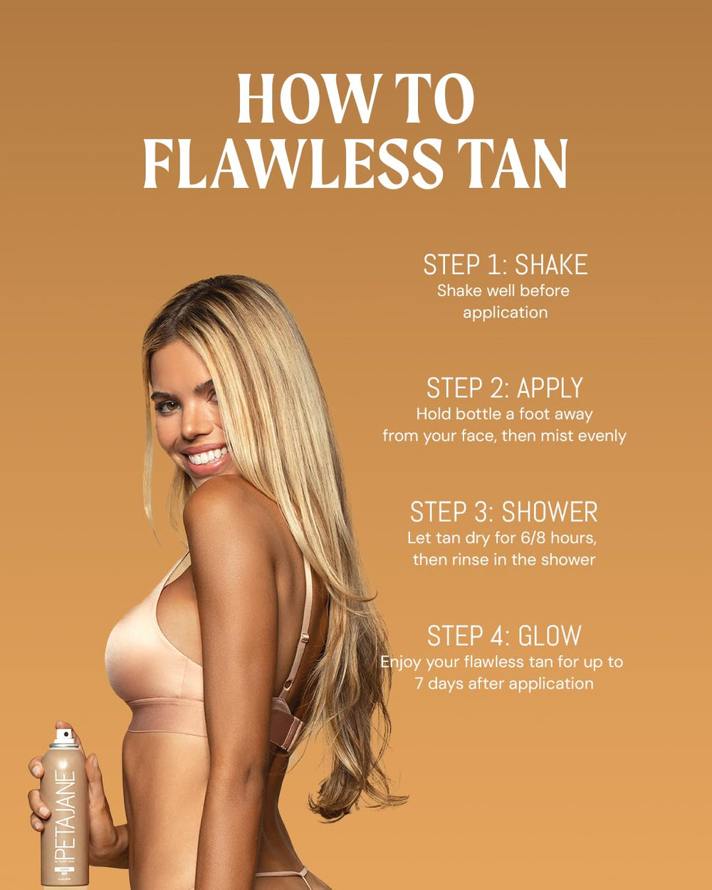 Peta Jane Sunless Tanning Mist back label highlights vegan, cruelty-free, USA-made formula.