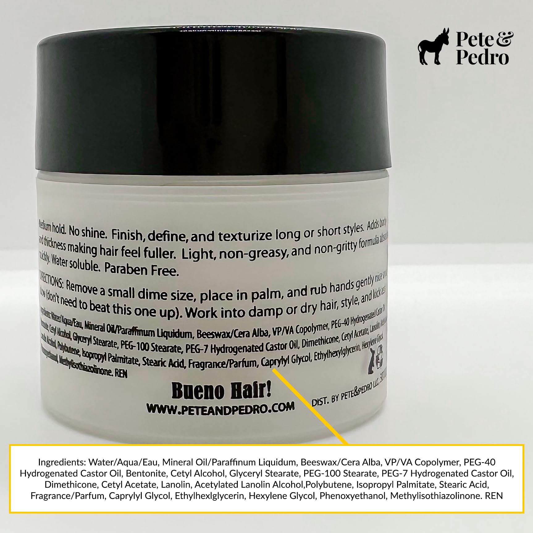 Pete & Pedro bentonite beeswax formula closeup highlighting clean ingredients.