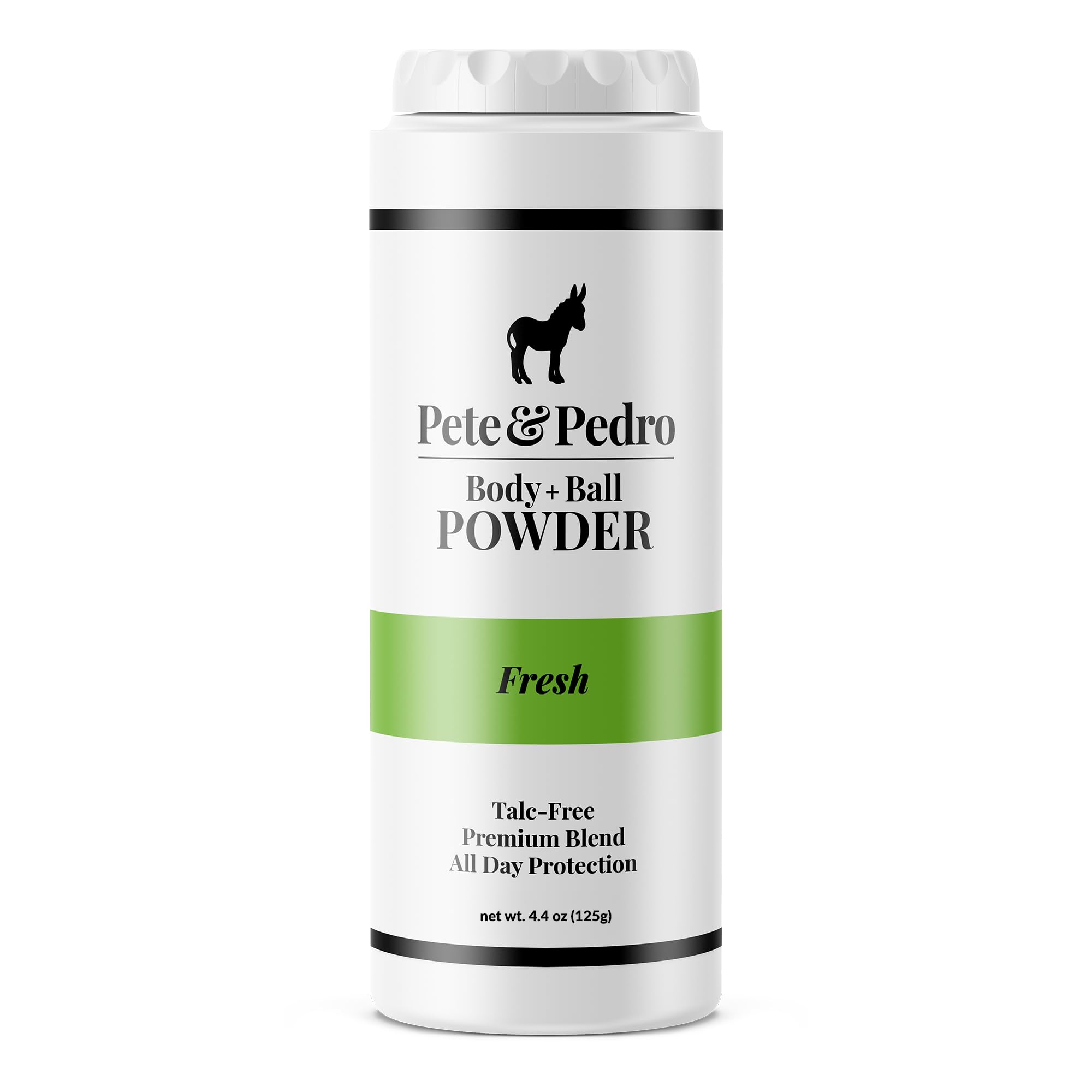 Pete & Pedro Body & Ball Powder Fresh jar closeup highlights talc-free moisture absorption and odor control