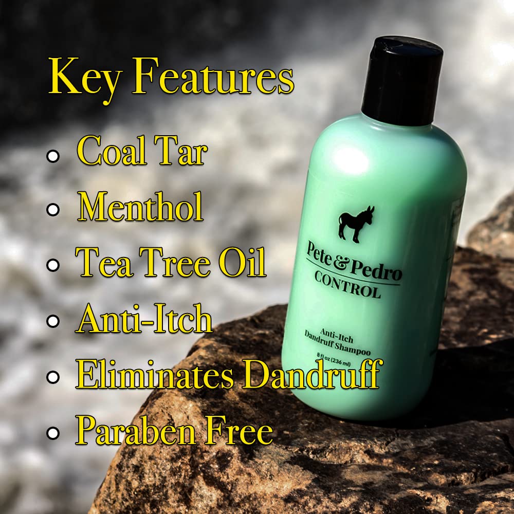Pete & Pedro CONTROL coal tar-tea tree-menthol formula close-up highlighting ingredients for scalp comfort.