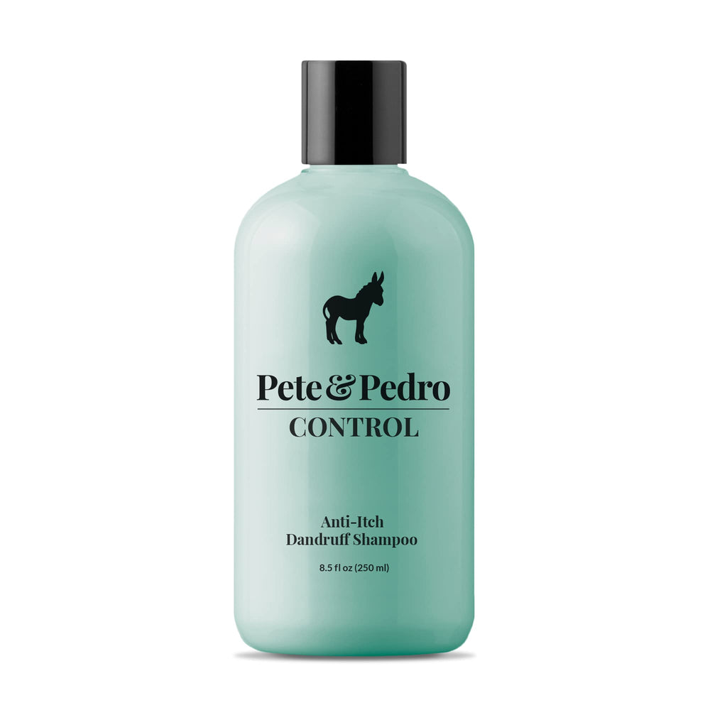Pete & Pedro CONTROL dandruff shampoo bottle showing a refreshing cleanse that reduces flakes and itching.
