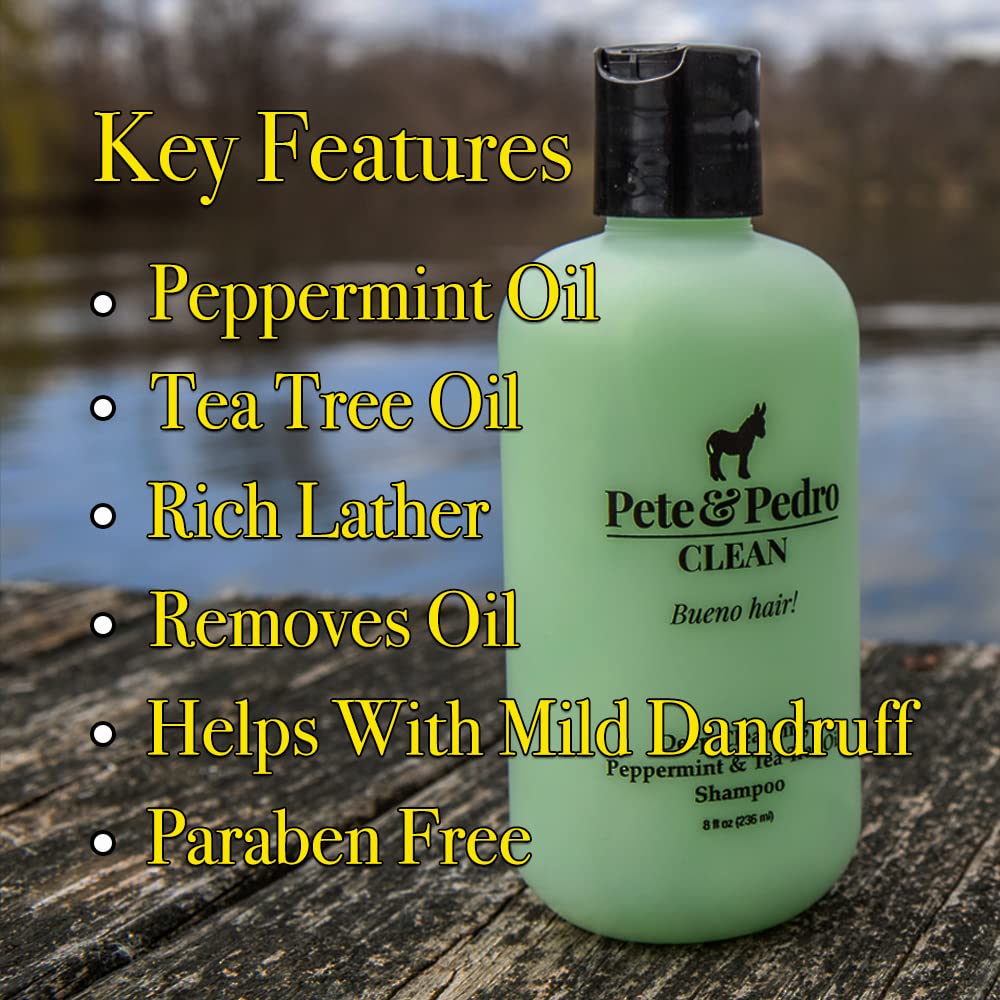Pete & Pedro Tea Tree Oil Shampoo bottle highlighting clarifying cleanse.