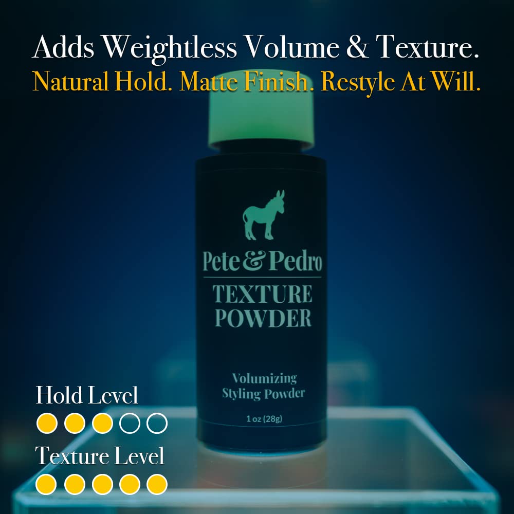 Pete & Pedro Texture Powder on styled hair with matte finish and grip.