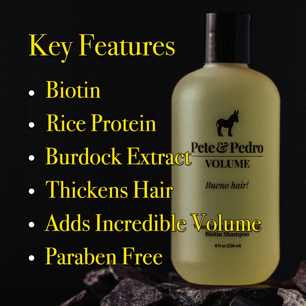 Pete & Pedro Volume Shampoo bottle side highlights premium blend for hair strength