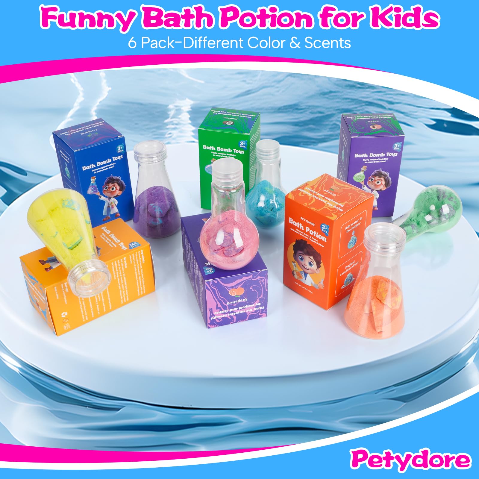 Petydore bath potions bubbles stream close-up highlights fizzy color eruption.