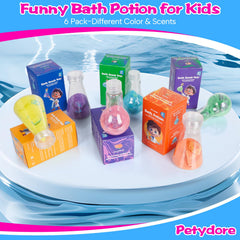 Petydore bath potions bubbles stream close-up highlights fizzy color eruption.