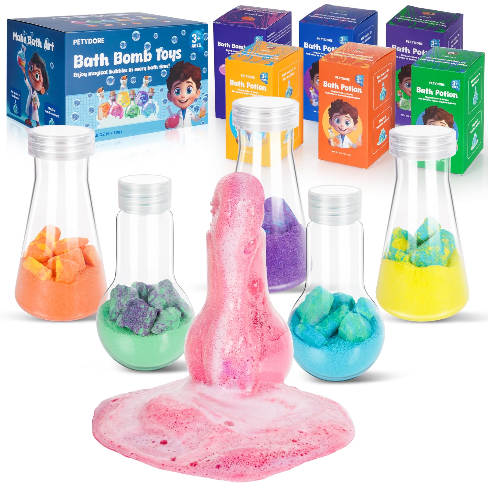 Petydore Bath Potions pack front shows colorful fizz for imaginative bath time.