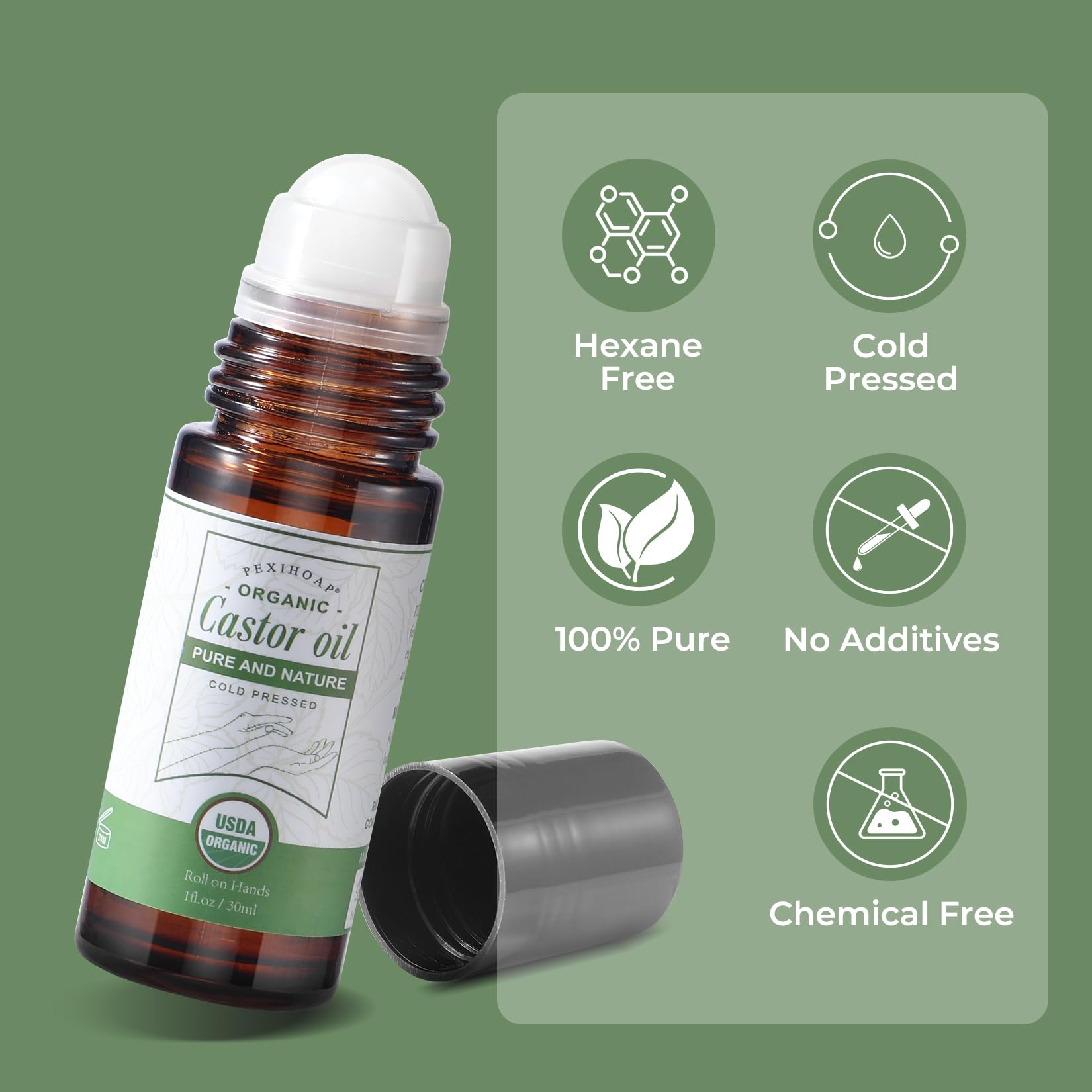 Pexihoap Castor Oil Roll-On close-up shows precise control.
