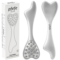 pfefe stainless steel gua sha dolphin roller closeup shows premium material for gentle facial massage.