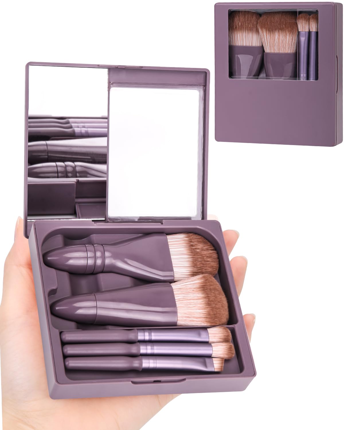 PGRODE travel-size makeup brushes mini set built-in mirror for on-the-go touch-ups