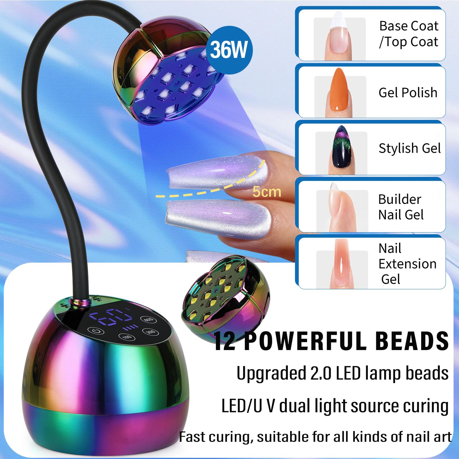 PHAIN U V LED nail lamp gooseneck angle enables precise light direction.