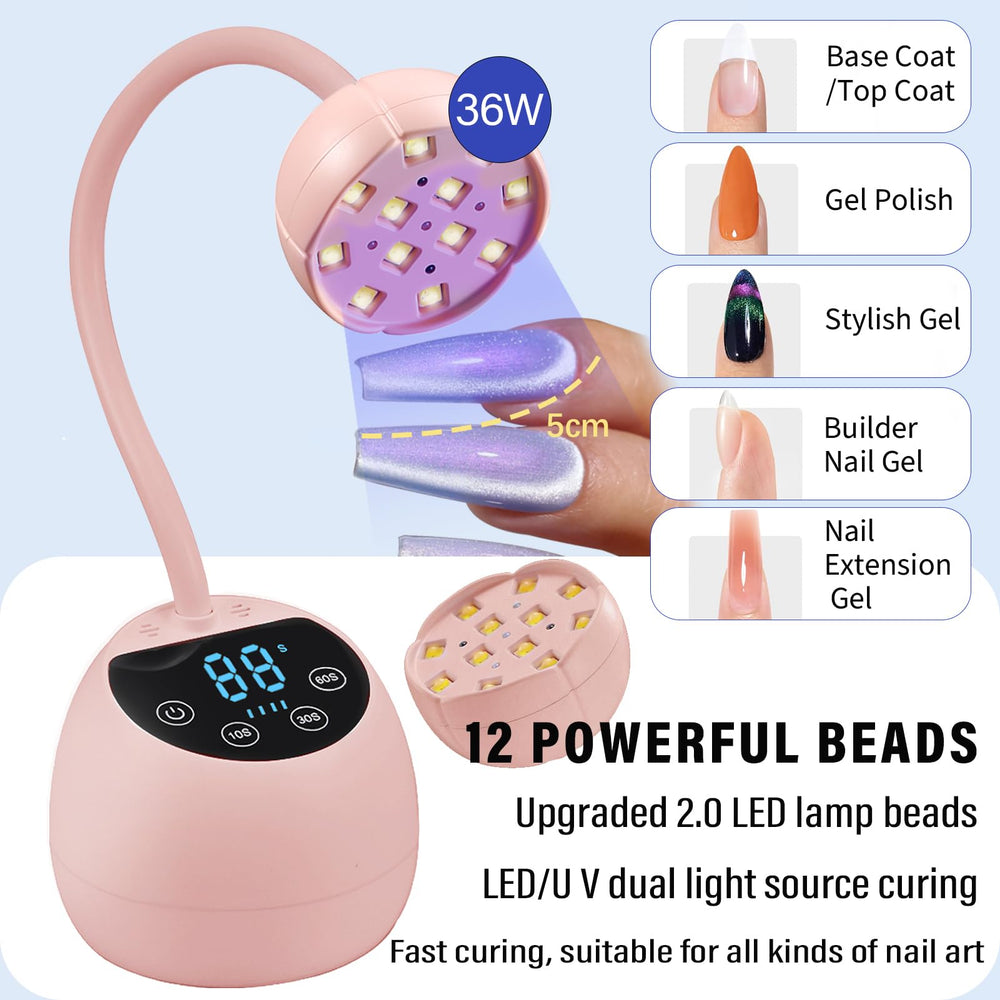 PHAIN mini gooseneck nail lamp provides adjustable direction for precise curing.