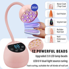 PHAIN mini gooseneck nail lamp provides adjustable direction for precise curing.