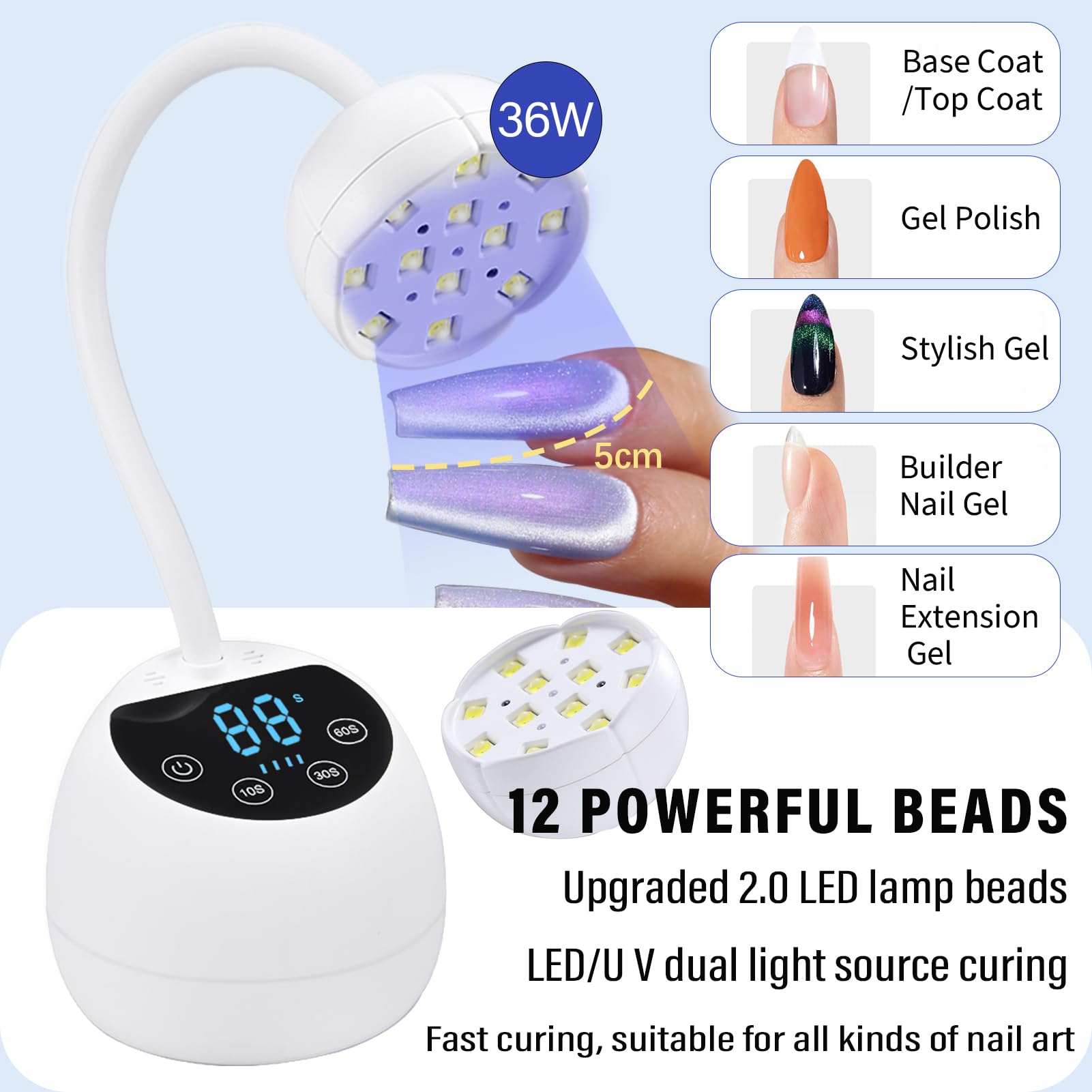 PHAIN nail lamp USB cordless gooseneck enables flexible positioning for efficient curing.